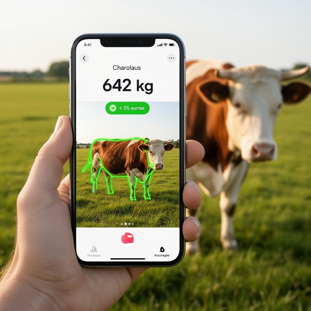 Smartphone montrant l'application KiloSnap analysant un bovin au pré (précision visée inférieure à 3% d'erreur)